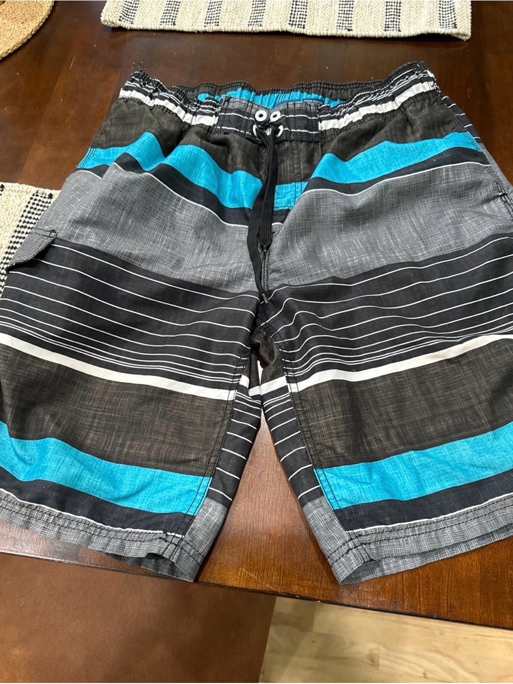 Men's Black & Blue Striped Swim Board Shorts with Drawstring M.